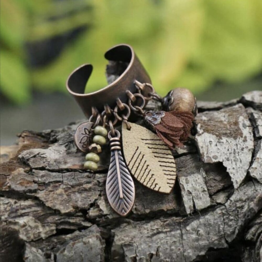 Ring. Bohemian Style Adjustable Antique Bronze Feather Tassel Bead Charms. OSFM. - Picture 2 of 10